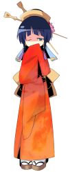  1girl ane blonde_hair covering_own_mouth earrings flower full_body gradient_clothes gradient_kimono green_eyes hair_flower hair_ornament hand_to_own_mouth japanese_clothes jewelry kimono looking_at_viewer napier one_eye_closed orange_kimono pink_flower red_kimono sandals sekaiju_no_meikyuu sekaiju_no_meikyuu_3 smile solo standing tabi two-tone_kimono 