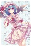  1girl bat_wings blue_hair brooch dress dress_lift ginzuki_ringo hat hat_ribbon highres jewelry looking_at_viewer mob_cap pink_dress pink_eyes pink_nails puffy_sleeves remilia_scarlet ribbon sash short_hair short_sleeves smile solo striped striped_background touhou wings wrist_cuffs 