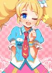  1girl 9law ;d aikatsu! blonde_hair blue_eyes blush bow checkered checkered_background hair_bow looking_at_viewer necktie open_mouth pink_background saegusa_kii short_hair smile solo twintails wink 