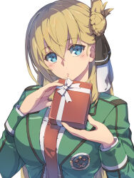  1girl agnes_claudel aramis_high_school_uniform blonde_hair blue_eyes blush box box_of_chocolates braid braided_base breasts bun_with_braided_base chiharu_(9654784) closed_mouth commentary_request double-parted_bangs eiyuu_densetsu gift green_jacket hair_between_eyes hair_bun highres holding holding_gift jacket kuro_no_kiseki_(series) kuro_no_kiseki_i large_breasts long_hair long_sleeves looking_at_viewer necktie red_necktie school_emblem school_uniform simple_background single_side_bun solo upper_body white_background 