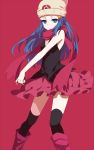  1girl beanie black_legwear blue_eyes blue_hair hair_ornament hairclip hat hikari_(pokemon) holding holding_poke_ball long_hair miniskirt poke_ball pokemon pokemon_(game) pokemon_dppt red_background scarf skirt solo thighhighs transistor 