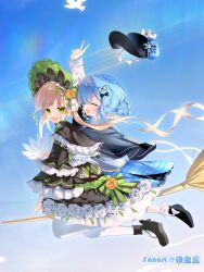  2girls :d ^_^ absurdres arm_up black_bow black_capelet black_dress black_hat black_shoes blonde_hair blue_hair blue_skirt blue_sky bow braid braided_hair_rings broom broom_riding capelet closed_eyes commentary commentary_request cropped deerstalker dress english_commentary floating_hair flower flying frilled_capelet frilled_dress frilled_sleeves frills full_body green_bow green_eyes hair_bow hair_ornament hair_rings hat highres long_hair long_sleeves looking_at_another looking_back mahou_shoujo_no_majo_saiban multiple_girls open_mouth outdoors pantyhose rose shoes short_hair skirt sky sleeves_past_fingers sleeves_past_wrists smile tachibana_sherry tono_hanna trypan_blue twintails v very_long_hair white_flower white_pantyhose white_rose wide_sleeves yellow_flower yellow_rose 