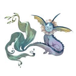  closed_eyes closed_mouth full_body no_humans pokemon pokemon_(creature) shie-k simple_background solo vaporeon water_drop white_background 