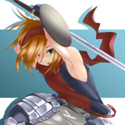 1boy armor arms_up black_gloves black_shirt fingerless_gloves gloves green_eyes grey_pants hair_between_eyes highres holding holding_sword holding_weapon male_focus open_mouth orange_hair orippa pants red_scarf red_shirt scarf sekaiju_no_meikyuu sekaiju_no_meikyuu_3 shield shirt short_hair sleeveless sleeveless_shirt solo spiky_hair sword two-tone_shirt warrior_(sekaiju) warrior_3_(sekaiju) weapon 