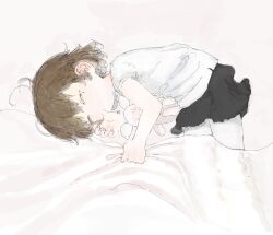  1girl black_skirt blanket blanket_grab brown_hair child closed_eyes hatoba_tsugu highres lying mole mole_under_eye on_side pantyhose shirt short_hair short_sleeves skirt sleeping solo stuffed_animal stuffed_pig stuffed_toy takekumo thumb_sucking tsugu_(vtuber) white_pantyhose white_shirt 