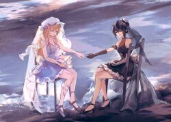  2girls :d aliaos black_dress black_gloves black_hat black_shoes black_skirt black_vest blonde_hair chair commentary_request commission detached_sleeves dress english_commentary gloves hat high_heels highres jewelry long_hair long_veil maribel_hearn mixed-language_commentary mob_cap multiple_girls on_floor open_mouth outdoors reaching reaching_towards_another ring shoes short_hair skirt sleeveless sleeveless_dress smile touhou usami_renko veil vest water wedding_dress white_dress white_hat white_veil wife_and_wife yellow_eyes yuri 