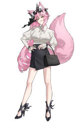  1girl absurdres animal_ears bag black-framed_eyewear black_ribbon black_shoes black_skirt blush breasts closed_mouth collared_shirt commentary eyewear_on_head fate/grand_order fate_(series) fingernails fox_ears fox_girl fox_tail full_body hair_ribbon handbag high_heels highres jewelry kasahara_154 koyanskaya_(fate) large_breasts long_hair long_sleeves looking_at_viewer multiple_rings nail_polish pink_hair pink_nails pink_tail ribbon ring shirt shoes side_ponytail simple_background skirt solo sunglasses tail thighs white_background white_shirt wrist_ribbon yellow_eyes 