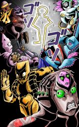  6+others diamond_wa_kudakenai dirty_deeds_done_dirt_cheap emphasis_lines highres jojo_no_kimyou_na_bouken jojolion killer_queen king_crimson_(stand) made_in_heaven_(stand) menacing_(jojo) multiple_others parody rogues'_gallery running scared scarf solid_state_dumbass sparkle stardust_crusaders steel_ball_run stone_ocean the_jojolands the_world_(stand) unnamed_rod_stand_(jojolands) vento_aureo wide-eyed wonder_of_u 