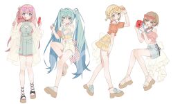  4girls adjusting_eyewear alternate_costume ankle_strap aqua_dress aqua_eyes aqua_hair aqua_nails back_bow bare_legs bare_shoulders belt black_choker blonde_hair blue_eyes blue_hair blue_nails boots bow bracelet braid breasts brown_eyes brown_hair camera choker closed_mouth clothing_cutout collarbone commentary_request copyright_notice criss-cross_halter crop_top cross-laced_clothes cross-laced_shoes cup denim denim_shorts denim_skirt dot_nose dress earrings eyewear_hang eyewear_on_head fashion fingernails food frilled_shirt frills full_body hair_between_eyes hair_ornament hair_ribbon halterneck hand_on_eyewear hand_up hatsune_miku heart heart-shaped_eyewear high-waist_shorts highres holding holding_camera holding_cup holding_food invisible_chair jacket jewelry kagamine_rin knee_up knees_together_feet_apart lace-up_boots lineup long_hair looking_at_viewer megurine_luka meiko_(vocaloid) midriff moo_n_moko multiple_girls nail_polish off-shoulder_shirt off_shoulder open_clothes open_mouth orange_nails orange_shirt overalls pink-tinted_eyewear pink_hair pink_nails platform_heels platform_shoes puffy_sleeves purple-tinted_eyewear red-tinted_eyewear red_nails red_shirt ribbon sandals see-through_clothes see-through_jacket see-through_sleeves shirt shoes short_hair short_shorts short_sleeves shorts sidelocks simple_background sitting skirt sleeveless small_breasts smile standing standing_on_one_leg star-shaped_eyewear star_(symbol) straight_hair strappy_heels striped_clothes striped_shirt sunglasses swept_bangs tinted_eyewear toenail_polish toenails toes twintails unworn_eyewear vertical-striped_clothes very_long_hair vocaloid water_gun white-framed_eyewear white_background white_belt white_bow white_shorts yellow-framed_eyewear yellow_nails yellow_skirt 