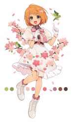  1girl :d ankle_boots arisa_(aren) ayaponzu_(shinra-bansho) bird bird_request blush boots braid color_guide dress falling_petals floral_print flower flower_request foot_up_heel_up full_body gloves green_eyes hair_flower hair_ornament hand_up highres holding holding_microphone index_finger_raised layered_dress looking_at_viewer microphone official_art orange_hair petals pink_ribbon pink_socks puffy_sleeves ribbon see-through_clothes see-through_dress shinra-bansho short_hair sleeveless sleeveless_dress smile socks solo straight-on striped_ribbon transparent_background white_boots white_dress white_gloves white_ribbon 