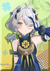  1girl absurdres antenna_hair bare_shoulders black_dress blue_dress blue_gloves blush character_name closed_mouth commentary_request dracaene_sunbringer dress gloves green_background green_eyes grey_hair hair_over_one_eye hand_up highres looking_at_viewer ok_sign ok_sign_over_eye partially_fingerless_gloves ririru solo twintails two-tone_dress upper_body zenless_zone_zero zoom_layer 