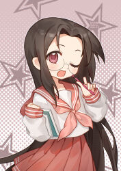  1girl absurdres blush book brown_hair commentary_request cowboy_shot dated glasses gradient_background grid_background halftone halftone_background highres holding holding_book holding_pencil kurokami_nekoya long_hair long_sleeves looking_at_viewer lucky_star mechanical_pencil neckerchief one_eye_closed open_mouth parted_bangs pencil pink_background pink_neckerchief pleated_skirt red_eyes red_sailor_collar red_skirt sailor_collar school_uniform serafuku shirt sidelocks signature skirt sleeves_past_wrists solo standing star_(symbol) tamura_hiyori very_long_hair white_background white_shirt 