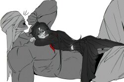  1boy 1girl adashino_adami bandaged_head bandages bbabbamis2 black_hair black_serafuku borrowed_character commentary_request hetero highres homicipher korean_commentary long_hair lying lying_on_another mr._machete muscular muscular_male on_back on_stomach red_eyes ringed_eyes school_uniform serafuku sharp_teeth simple_background skirt spot_color teeth white_background yawning 