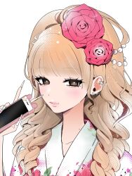  1girl absurdres brown_eyes brown_hair cellphone closed_mouth commentary_request ear_piercing earrings fingernails floral_print floral_print_kimono flower gyaru hair_flower hair_ornament highres holding holding_phone japanese_clothes jewelry kimono long_fingernails long_hair naisei_0 original phone piercing pink_flower pink_rose print_kimono rose simple_background smartphone solo stud_earrings white_background white_kimono yukata 