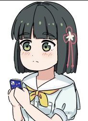  1girl black_hair blue_dress blunt_bangs blunt_ends bob_cut breast_pocket cellphone closed_mouth dress frown hasu_no_sora_school_uniform highres holding holding_phone iphone love_live! love_live!_hasu_no_sora_jogakuin_school_idol_club momose_ginko neckerchief phone pocket puffy_short_sleeves puffy_sleeves sailor_collar sailor_dress school_uniform sen_yousoro short_hair short_sleeves simple_background smartphone solo split_mouth summer_uniform upper_body virtual_youtuber white_background white_sailor_collar yellow_neckerchief 
