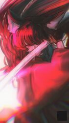  1girl animal_ear_fluff animal_ears aqua_jacket black_hair covering_one_eye fox_ears fox_girl highres holding holding_sword holding_weapon hoshimi_miyabi jacket kadakine katana long_hair looking_at_viewer red_eyes solo sword weapon zenless_zone_zero 