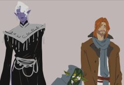  1girl 2boys black_robe brown_jacket caleb_widogast colored_skin column_lineup critical_role cropped dungeons_&amp;_dragons ear_piercing earrings essek_thelyss female_goblin goblin green_hair green_skin grey_hood jacket jewelry looking_up multiple_boys nott_the_brave piercing pointy_ears red_hair robe scarf short_hair simple_background slit_pupils tassel tassel_earrings tbgkaru the_mighty_nein white_hair 