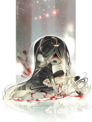  1boy 1girl adashino_adami black_hair black_kimono blood blood_on_clothes blood_on_face blood_on_ground chibi colored_skin commentary crossed_legs crowbar full_body grabbing_another's_hair grey_skin head_on_head head_rest highres holding holding_another's_hair holding_crowbar homicipher hood hood_up japanese_clothes kimono long_hair looking_at_viewer mr._crawling raincoat red_eyes reflective_floor sitting sweeeet_him torn_clothes very_long_hair white_raincoat yokozuwari 