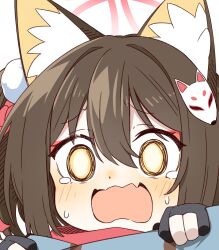  1girl 2657314861 animal_ear_fluff animal_ears black_gloves blue_archive blush brown_hair eyeliner fang fox_ears fox_girl gloves hair_between_eyes hair_ornament halo highres izuna_(blue_archive) makeup open_mouth partially_fingerless_gloves red_eyeliner red_halo simple_background skin_fang teardrop upper_body white_background yellow_eyes 
