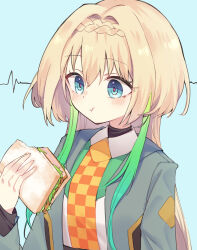  1girl blonde_hair blue_background blue_eyes blush braid eating eyelashes food furappe green_hair hair_intakes highres holding holding_hood jacket long_hair looking_at_food monster_strike multicolored_hair necktie nike_(monster_strike) orange_necktie sandwich school_uniform sidelocks solo streaked_hair upper_body 