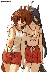  2girls agnes_tachyon_(umamusume) ahoge animal_ears arm_around_neck black_hair blunt_ends brown_hair commentary cowboy_shot double_v drawstring ear_ornament english_commentary expressionless gyaru_v gym_uniform head_on_another's_shoulder highres horse_ears horse_girl horse_tail kej3516 long_hair looking_at_viewer manhattan_cafe_(umamusume) multicolored_hair multiple_girls one_eye_closed open_mouth red_eyes shirt short_sleeves shorts t-shirt tail tied_drawstring twitter_username umamusume v very_long_hair white_hair yellow_eyes 