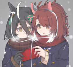  2girls ahoge animal_ears black_gloves black_hair blue_coat blush bow bowtie breasts brown_eyes brown_hair brown_scarf brown_sweater buttons cellphone checkered_ribbon closed_mouth coat dantsu_flame_(umamusume) double-breasted ear_covers ear_ribbon ear_tag earphones earrings gloves hair_between_eyes hairband highres holding holding_phone horse_ears horse_girl jewelry legion_(fox3498) long_bangs long_hair long_hair_between_eyes long_sleeves manhattan_cafe_(umamusume) multicolored_hair multiple_girls open_mouth phone pink_hairband purple_sailor_collar red_scarf sailor_collar scarf school_uniform shared_earphones shirt single_earring smartphone smile sweater tracen_school_uniform tracen_winter_coat umamusume white_bow white_bowtie white_hair winter_clothes winter_coat winter_uniform yellow_eyes 