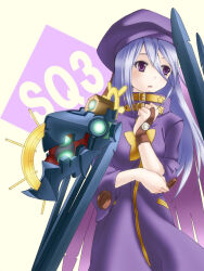  1girl armor coat cowboy_shot hair_between_eyes hand_up hat highres long_hair looking_to_the_side orippa parted_lips pauldrons purple_coat purple_hat sekaiju_no_meikyuu sekaiju_no_meikyuu_3 shoulder_armor single_pauldron solo standing star_(symbol) violet_eyes white_background zodiac_(sekaiju) zodiac_2_(sekaiju) 