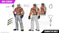  1boy abs back bead_necklace beads bird_tattoo bird_wings blue_gloves bodypaint boxing_gloves brown_hair character_name closed_mouth commentary concept_art copyright_logo copyright_name copyright_notice dark-skinned_male dark_skin dreadlocks earrings english_commentary english_text fatal_fury fatal_fury:_city_of_the_wolves feather_necklace feather_print feathers fingerless_gloves from_behind gloves hair_tie hand_on_own_hip highres jewelry logo long_hair muscular muscular_male native_american necklace pants pectorals reference_sheet rick_strowd senno_aki shoes smile snk solo standing tattoo tonko topless_male translation_request undercut white_background white_hair white_pants wings 