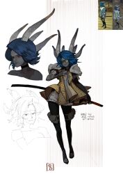 1girl absurdres black_choker black_pantyhose black_shoes blue_hair choker colored_skin demon_horns deo_artist fur-trimmed_shorts fur_trim game_request grey_skin grin highres holding holding_sword holding_weapon horns ley_(deo_artist) long_horns medium_hair non-web_source original pantyhose reference_sheet shoes shorts signature smile sunglasses sword weapon white_shorts 