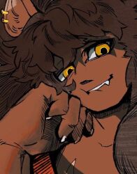  1boy animal_ears claws earrings fangs fangs_out furry furry_male head_on_hand hzof6d jewelry king_zahab_(si_land) lion_boy lion_ears lion_mane male_focus si_land upper_body 