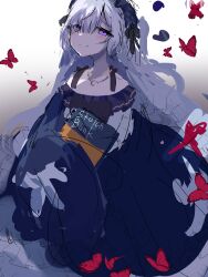  1girl absurdres bare_shoulders black_ribbon blue_dress blue_hairband bow bug butterfly closed_mouth cowboy_shot crescent crescent_necklace dress dress_bow frilled_dress frilled_hairband frilled_sleeves frills gothic_lolita hair_over_one_eye hair_ribbon hairband highres holding holding_sketchbook jewelry lolita_fashion lolita_hairband long_hair long_sleeves looking_at_viewer mahou_shoujo_no_majo_saiban natsume_an-an necklace off-shoulder_dress off_shoulder red_butterfly ribbon sasimiso1 see-through_hair simple_background sketchbook sleeves_past_fingers sleeves_past_wrists smile solo violet_eyes white_background white_hair wide_sleeves 