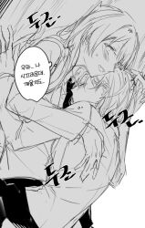  2girls bang_dream! bang_dream!_it's_mygo!!!!! blush chihaya_anon commentary fang greyscale haneoka_school_uniform hatyo hug korean_text long_hair long_sleeves monochrome multiple_girls necktie open_mouth school_uniform short_hair skin_fang sweatdrop takamatsu_tomori translation_request yuri 
