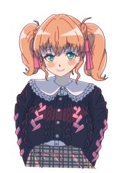  1girl absurdres aqua_eyes black_cardigan blush cardigan closed_mouth collared_shirt cropped_cardigan frilled_shirt_collar frills grey_skirt hair_ribbon highres hinoshita_kaho hinoshita_kaho_(birthday_jirai_kei) kamix2_odai looking_at_viewer love_live! love_live!_hasu_no_sora_jogakuin_school_idol_club pink_ribbon plaid_clothes plaid_skirt ribbon shirt short_hair sidelocks skirt smile solo twintails virtual_youtuber white_shirt 
