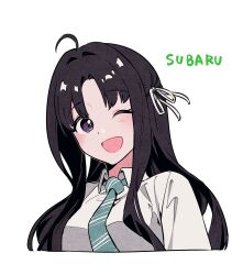  1girl absurdres ahoge awa_subaru black_hair blue_necktie character_name commentary diagonal-striped_clothes diagonal-striped_necktie girls_band_cry habsida_(habsida_hpy) hair_ribbon highres long_hair necktie one_eye_closed parted_bangs ribbon shirt sidelocks simple_background solo striped_clothes striped_necktie untranslatable_commentary violet_eyes white_background white_ribbon white_shirt 