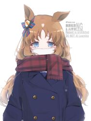  1girl absurdres animal_ears blue_coat blue_eyes blush bow brown_hair coat ear_bow ear_ribbon grass_wonder_(umamusume) highres horse_ears horse_girl legion_(fox3498) long_hair long_sleeves looking_at_viewer mask mouth_mask multicolored_hair red_scarf scarf school_uniform solo tracen_school_uniform tracen_winter_coat umamusume white_hair white_mask winter_clothes winter_coat 