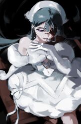  1girl absurdres alien_stage bare_shoulders black_hair bow chest_bow commentary dress dress_bow elbow_gloves english_commentary from_above fuyutsuki11 gloves hand_on_own_chest highres long_hair open_mouth sitting solo sua_(alien_stage) sua_(zombie_stage) violet_eyes white_bow white_dress white_gloves zombie_stage 