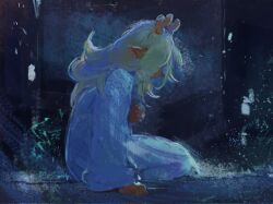  1girl animal_ears antlers blonde_hair commentary corrupted_twitter_file deer_antlers deer_ears deer_girl deltarune english_commentary from_side furry furry_female highres horns jewelry long_hair noelle_holiday noelle_holiday_(dark_world) ring robe signature sitting smolmushroomm solo utdr_(toby_fox) white_robe 