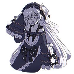  1girl bare_shoulders black_ribbon blue_dress blue_hairband bow crescent crescent_necklace dress dress_bow frilled_dress frilled_hairband frilled_sleeves frills gothic_lolita hair_over_one_eye hair_ribbon hairband jewelry lolita_fashion lolita_hairband long_hair long_sleeves mahou_shoujo_no_majo_saiban mumesan2 natsume_an-an necklace off-shoulder_dress off_shoulder open_mouth polka_dot polka_dot_bow ribbon see-through_hair simple_background sleeve_bow sleeves_past_fingers sleeves_past_wrists solo upper_body violet_eyes white_background white_hair wide_sleeves 
