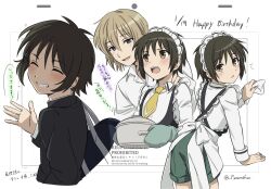  2boys apron bag birthday_date black_jacket brown_eyes brown_hair closed_eyes collared_shirt commentary_request crossdressing english_commentary green_mittens green_shorts grin happy_birthday highres jacket komiya_chihiro looking_at_viewer maid_apron maid_headdress male_focus mittens multiple_boys multiple_views necktie open_mouth oven_mitts pizarrokun school_bag school_uniform shirt short_hair shorts shounen_maid smile speech_bubble takatori_madoka translation_request trap white_shirt yellow_necktie 