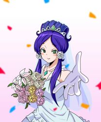  1girl aqua_dress blush bouquet closed_mouth commentary_request confetti crown dress drilljapan flower gloves green_eyes hair_flower hair_ornament highres holding holding_bouquet jewelry jikkyou_powerful_pro_yakyuu long_hair looking_at_viewer marumage necklace pink_flower power_pro-kun_pocket power_pro-kun_pocket_11 purple_hair reaching reaching_towards_viewer shizuya_(power_pocket) sidelocks solo upper_body veil wedding_dress white_flower white_gloves 