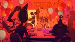  1other 4boys 4girls alphys annoying_dog balloon birthday_cake brothers cake child dog fish_girl flower flowey_(undertale) food frisk_(undertale) glasses goat_girl happy_birthday hat holding holding_microphone mettaton mettaton_(box) microphone multiple_boys multiple_girls official_art orange_theme papyrus_(undertale) party party_hat plate ponytail reptile_girl robot sans_(undertale) siblings skeleton table temmie_chang toriel undertale undyne utdr_(toby_fox) white_dog 