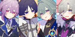  +_+ 4boys :p absurdres anemo_symbol_(genshin_impact) black_bodysuit black_coat black_gloves black_hair black_shirt black_shorts blue_cape blue_eyes blue_gem blue_kimono blue_shirt blunt_ends blush bodysuit bright_pupils cape chest_harness chest_jewel choppy_bangs closed_mouth coat collared_shirt colored_inner_hair column_lineup commentary_request contrast_collar cosplay costume_switch cross cross_earrings crossed_bangs durin_(genshin_impact) durin_(genshin_impact)_(cosplay) earrings embarrassed facial_mark fang forehead_mark fur-trimmed_coat fur_trim gem genshin_impact gloves gold gold_trim grey_coat grey_hair grey_pupils hair_between_eyes hakama hakama_shorts harness heart-shaped_gem highres illuga_(genshin_impact) illuga_(genshin_impact)_(cosplay) japanese_clothes jewelry juban kimono lapels lohen_(genshin_impact) lohen_(genshin_impact)_(cosplay) looking_at_viewer mandarin_collar mole mole_under_eye multicolored_hair multiple_boys open_clothes open_coat open_kimono orange_eyes pleated_shorts purple_gem purple_hair purple_vest red_hair ribbed_sweater scaramouche_(genshin_impact) shirt shorts shoulder_peek side_cape skin_fang souka0103 sweater tassel tongue tongue_out turtleneck turtleneck_shirt turtleneck_sweater vest violet_eyes wanderer_(genshin_impact) wanderer_(genshin_impact)_(cosplay) white_gloves white_kimono white_pupils white_sweater wing_collar 