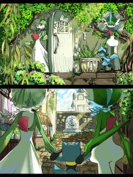  3others arm_blade blue_fur bob_cut colored_skin door dress gallade gardevoir green_hair green_skin hand_on_own_hip highres holding_hands kaguya_hobby multicolored_skin multiple_others multiple_views plant pokemon pokemon_(creature) potted_plant red_eyes riolu scarf town two-tone_skin weapon white_dress white_skin 