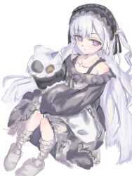  1girl bare_shoulders black_hairband black_ribbon blue_dress bow collarbone_piercing crescent crescent_necklace dress dress_bow frilled_dress frilled_hairband frilled_sleeves frilled_socks frills full_body gothic_lolita hair_ribbon hairband highres holding holding_stuffed_toy jewelry lolita_fashion lolita_hairband long_hair long_sleeves looking_at_another looking_at_viewer lun_nagi mahou_shoujo_no_majo_saiban natsume_an-an necklace off-shoulder_dress off_shoulder ribbon shoes simple_background sitting sleeves_past_fingers sleeves_past_wrists socks solo stuffed_animal stuffed_sheep stuffed_toy violet_eyes white_background white_hair white_shoes white_socks wide_sleeves 