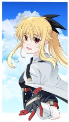  1girl 304back_s :d blonde_hair blue_sky border cape clouds collared_cape cropped_torso fate_testarossa floating_cape from_side gloves hair_between_eyes highres long_sidelocks looking_at_viewer lyrical_nanoha mahou_shoujo_lyrical_nanoha_exceeds:_gun_blaze_vengeance multicolored_gloves offering_hand open_hand open_mouth outside_border outstretched_arm ponytail red_eyes sidelocks sky smile solo turning_head two-tone_gloves upper_body white_border white_cape wispy_bangs 