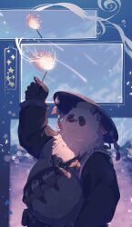  1boy absurdres animal_ears black_fur bracelet captjimmy1218 chinese_clothes chinese_commentary closed_eyes commentary_request fireworks furry furry_male highres holding holding_fireworks jewelry looking_up male_focus multicolored_fur pan_yinhu panda_boy panda_ears round_eyewear shirt smile sparkler spiked_bracelet spikes white_fur wok yellow_shirt zenless_zone_zero 