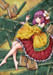  1girl absurdres bare_legs barefoot book calligraphy_brush collarbone flower fuente hair_flower hair_ornament hieda_no_akyuu highres japanese_clothes kimono lavender_eyes lavender_hair looking_at_viewer lying off_shoulder on_side open_mouth paintbrush scroll short_hair solo touhou 