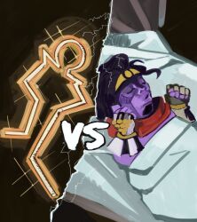  1boy gibbss hands_up highres hydrogen_bomb_vs._coughing_baby_(meme) jojo_no_kimyou_na_bouken meme parody sparkle stand_(jojo) star_platinum stardust_crusaders the_jojolands unnamed_rod_stand_(jojolands) vs 