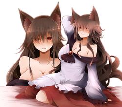  1girl animal_ears arano_oki bare_shoulders breasts brooch brown_hair cleavage collarbone dress fang hair_over_eyes imaizumi_kagerou jewelry kneeling large_breasts leaf long_hair long_sleeves maple_leaf moon multiple_girls night open_mouth red_eyes smile solo tail touhou very_long_hair wide_sleeves wolf_ears wolf_tail 