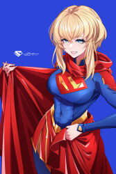  1girl absurdres alternate_breast_size_(larger) blonde_hair blue_background blue_bodysuit blue_eyes bodysuit breasts cape commentary_request dated dc_comics highres joihon large_breasts looking_at_viewer my_adventures_with_superman red_cape red_skirt signature skirt smile solo supergirl supergirl_(my_adventures_with_superman) superman_(series) superman_logo teeth 